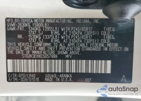 2012 Toyota Highlander Base из США, поврежденный, VIN 5TDZK3EHXCS057888